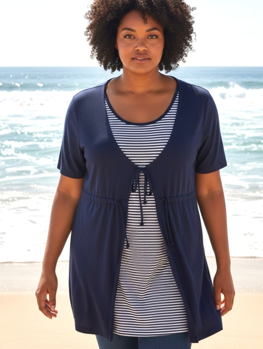 ESSENTIALS BY MAGGIE Faux-layer Navy/White Striped Tie Top Plus-Sized 26/28W GUC